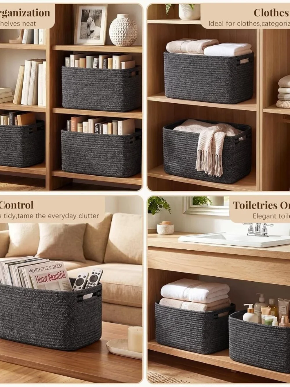 New 4Packs Natural Cotton Rope Storage Baskets for Organizing Toys, Clothes, Tow